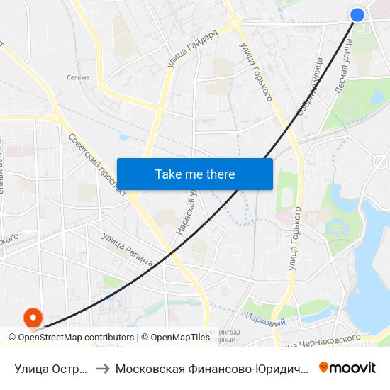 Улица Островского (В Центр) to Московская Финансово-Юридическая Академия. Калининградский Филиал map