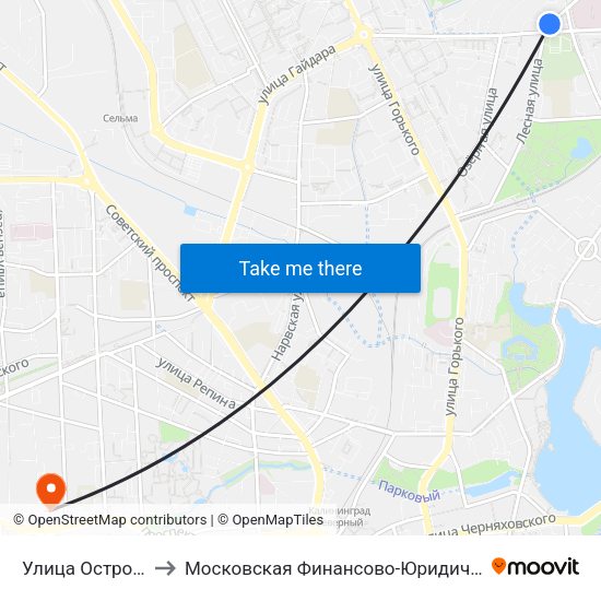 Улица Островского (Из Центра) to Московская Финансово-Юридическая Академия. Калининградский Филиал map