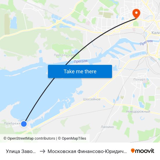 Улица Заводская (Из Центра) to Московская Финансово-Юридическая Академия. Калининградский Филиал map