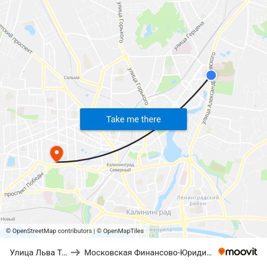 Улица  Льва Толстого (Из Центра) to Московская Финансово-Юридическая Академия. Калининградский Филиал map