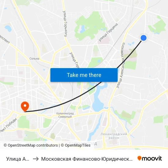 Улица Арсенальная to Московская Финансово-Юридическая Академия. Калининградский Филиал map
