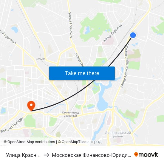 Улица Краснокаменная (В Центр) to Московская Финансово-Юридическая Академия. Калининградский Филиал map