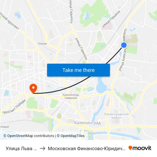 Улица Льва Толстого (В Центр) to Московская Финансово-Юридическая Академия. Калининградский Филиал map