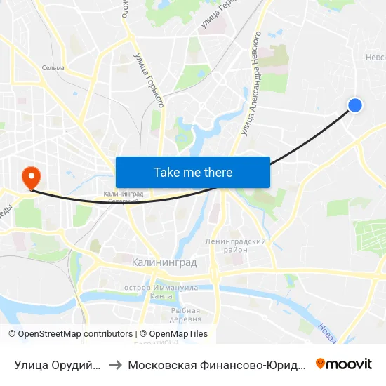 Улица Орудийная (На Ул. Орудийной) to Московская Финансово-Юридическая Академия. Калининградский Филиал map