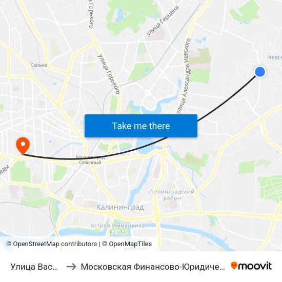 Улица Васнецова (В Центр) to Московская Финансово-Юридическая Академия. Калининградский Филиал map
