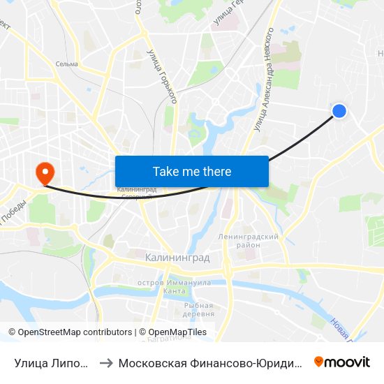 Улица Липовая Аллея (В Центр) to Московская Финансово-Юридическая Академия. Калининградский Филиал map