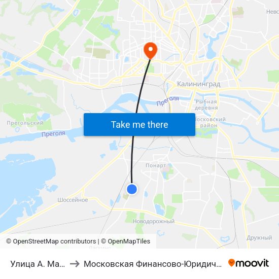 Улица А. Матросова (В Центр) to Московская Финансово-Юридическая Академия. Калининградский Филиал map