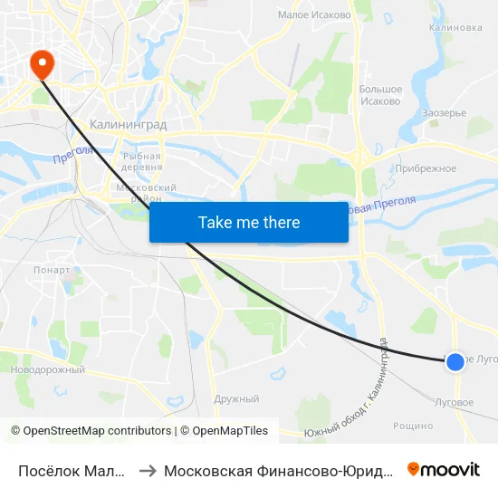 Посёлок Малое Луговое (Из Центра) to Московская Финансово-Юридическая Академия. Калининградский Филиал map