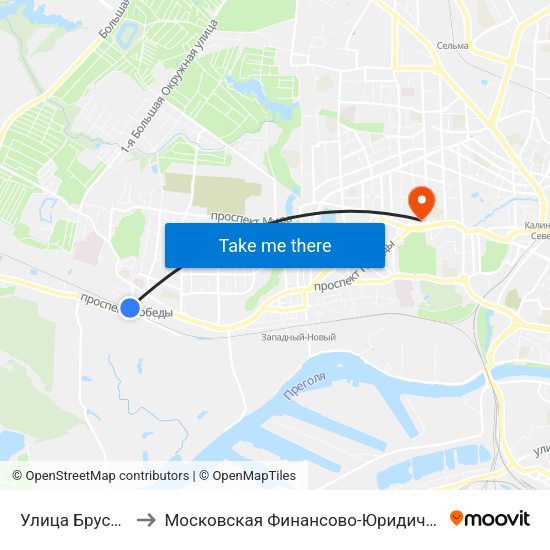 Улица Брусничная (Конечная) to Московская Финансово-Юридическая Академия. Калининградский Филиал map