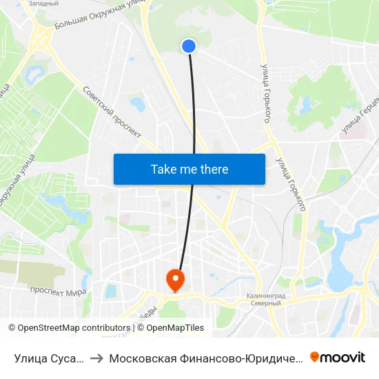 Улица Сусанина (Конечная) to Московская Финансово-Юридическая Академия. Калининградский Филиал map