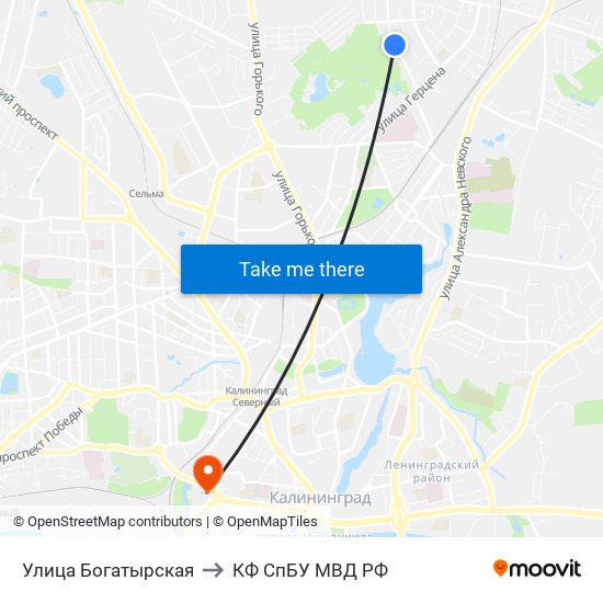Улица Богатырская to КФ СпБУ МВД РФ map
