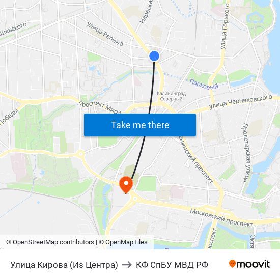 Улица Кирова (Из Центра) to КФ СпБУ МВД РФ map