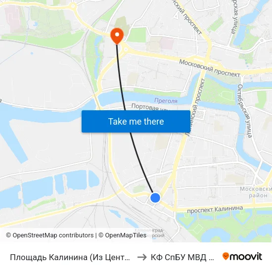 Площадь Калинина (Из Центра) to КФ СпБУ МВД РФ map