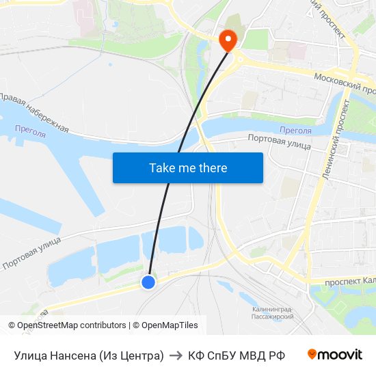 Улица Нансена (Из Центра) to КФ СпБУ МВД РФ map