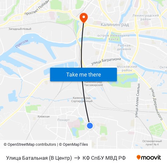 Улица Батальная (В Центр) to КФ СпБУ МВД РФ map