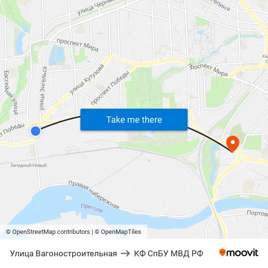 Улица Вагоностроительная to КФ СпБУ МВД РФ map