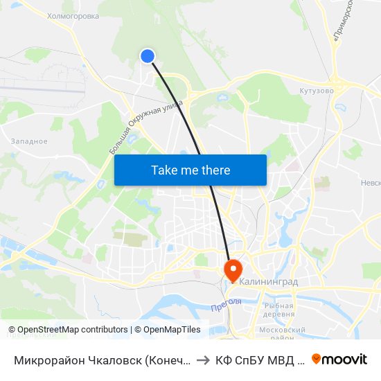 Микрорайон Чкаловск (Конечная) to КФ СпБУ МВД РФ map