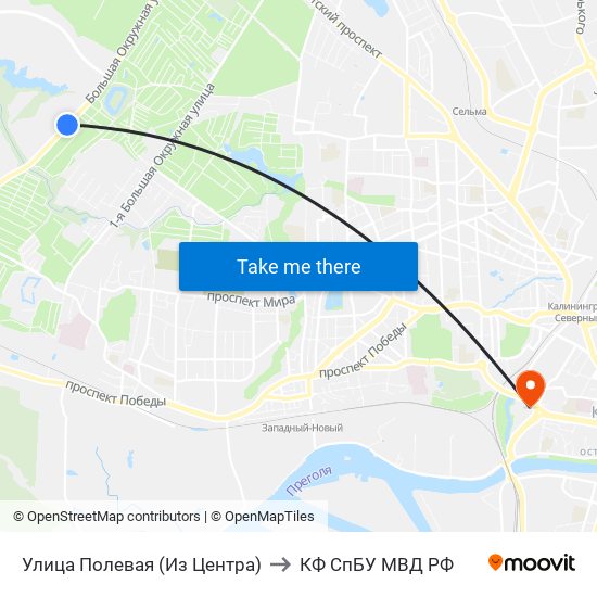 Улица Полевая (Из Центра) to КФ СпБУ МВД РФ map