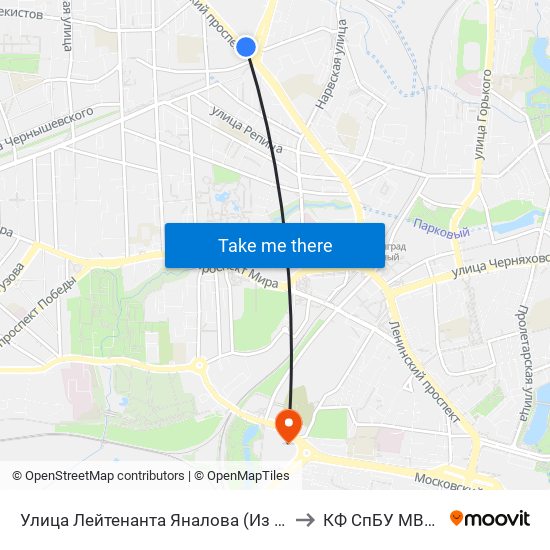 Улица Лейтенанта Яналова (Из Центра) to КФ СпБУ МВД РФ map