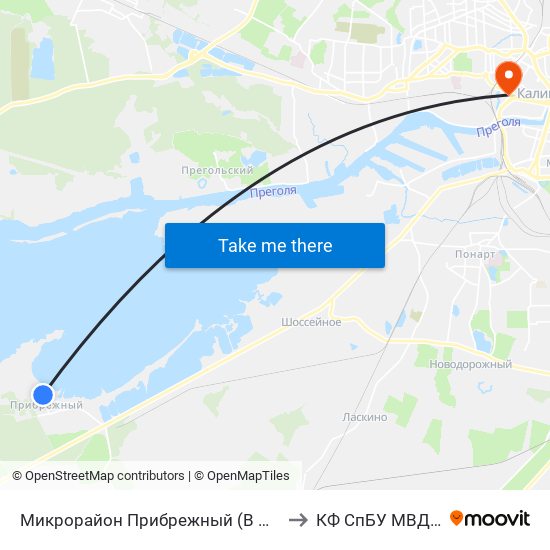 Микрорайон Прибрежный (В Центр) to КФ СпБУ МВД РФ map