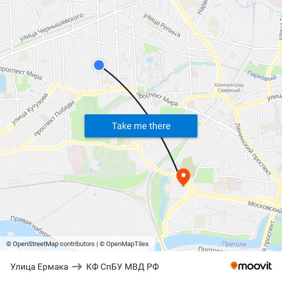 Улица Ермака to КФ СпБУ МВД РФ map