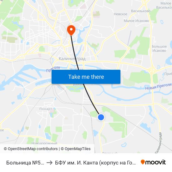 Больница №5 (В Центр) to БФУ им. И. Канта (корпус на Горького, бывш. БИЭФ) map