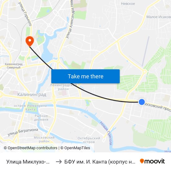 Улица Миклухо-Маклая (В Центр) to БФУ им. И. Канта (корпус на Горького, бывш. БИЭФ) map