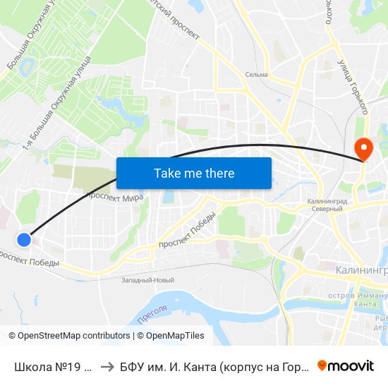 Школа №19 (В Центр) to БФУ им. И. Канта (корпус на Горького, бывш. БИЭФ) map