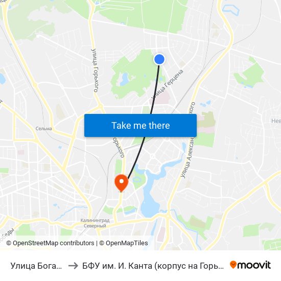 Улица Богатырская to БФУ им. И. Канта (корпус на Горького, бывш. БИЭФ) map