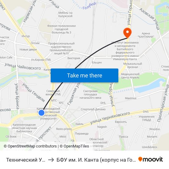 Технический Университет to БФУ им. И. Канта (корпус на Горького, бывш. БИЭФ) map