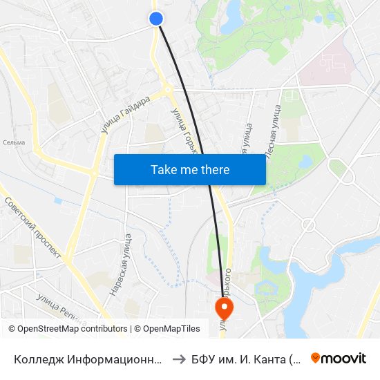 Колледж Информационных Технологий И Строительства (Из Центра) to БФУ им. И. Канта (корпус на Горького, бывш. БИЭФ) map