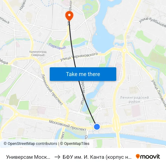 Универсам Московский (В Центр) to БФУ им. И. Канта (корпус на Горького, бывш. БИЭФ) map