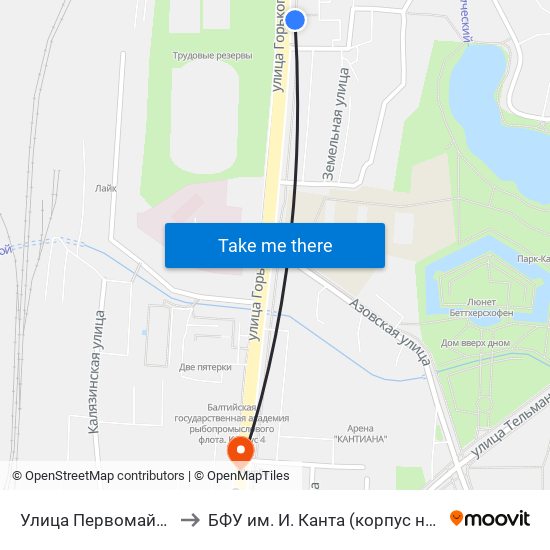 Улица Первомайская (Из Центра) to БФУ им. И. Канта (корпус на Горького, бывш. БИЭФ) map