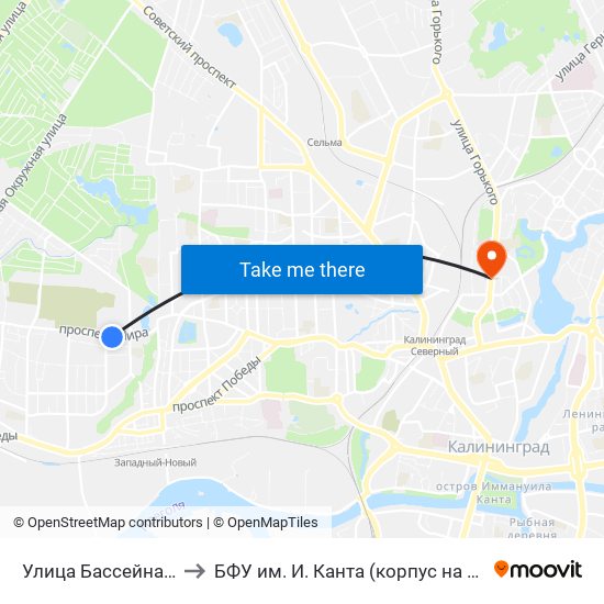 Улица Бассейная (Из Центра) to БФУ им. И. Канта (корпус на Горького, бывш. БИЭФ) map