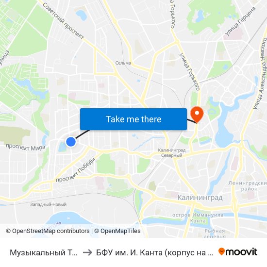 Музыкальный Театр (В Центр) to БФУ им. И. Канта (корпус на Горького, бывш. БИЭФ) map