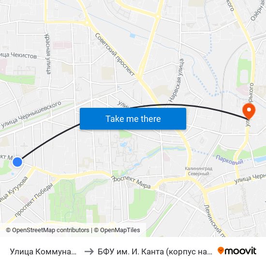 Улица Коммунальная (В Центр) to БФУ им. И. Канта (корпус на Горького, бывш. БИЭФ) map