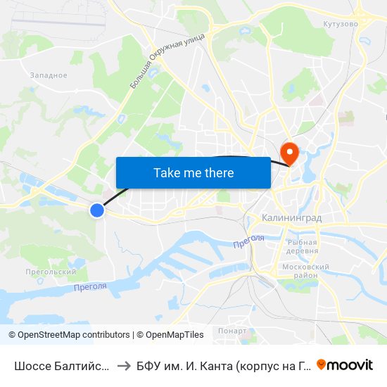 Шоссе Балтийское (В Центр) to БФУ им. И. Канта (корпус на Горького, бывш. БИЭФ) map