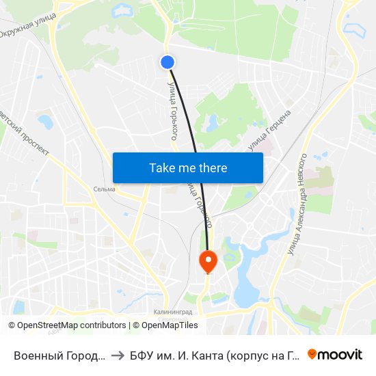 Военный Городок (В Центр) to БФУ им. И. Канта (корпус на Горького, бывш. БИЭФ) map