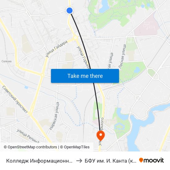 Колледж Информационных Технологий И Строительства (В Центр) to БФУ им. И. Канта (корпус на Горького, бывш. БИЭФ) map