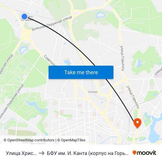 Улица Хрисанфова to БФУ им. И. Канта (корпус на Горького, бывш. БИЭФ) map