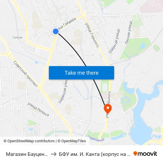 Магазин Бауцентр (Из Центра) to БФУ им. И. Канта (корпус на Горького, бывш. БИЭФ) map