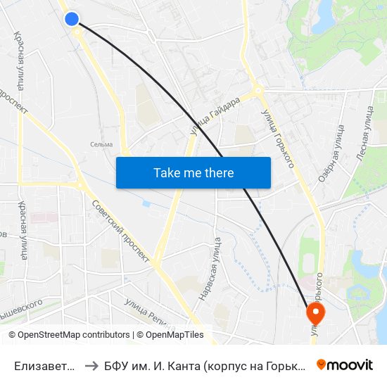 Елизаветинская to БФУ им. И. Канта (корпус на Горького, бывш. БИЭФ) map
