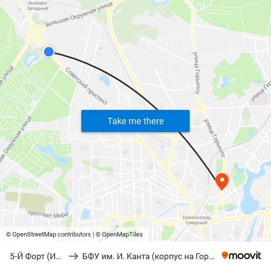 5-Й Форт (Из Центра) to БФУ им. И. Канта (корпус на Горького, бывш. БИЭФ) map