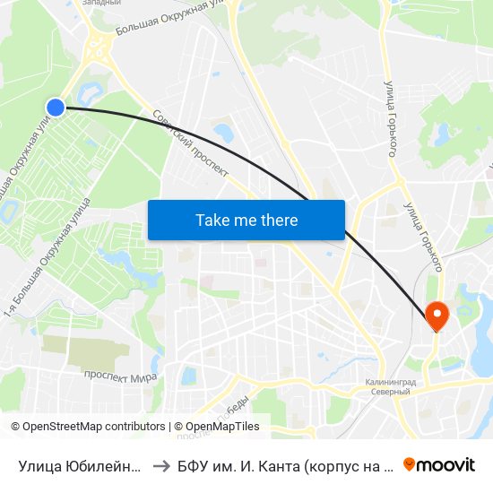 Улица Юбилейная (Из Центра) to БФУ им. И. Канта (корпус на Горького, бывш. БИЭФ) map