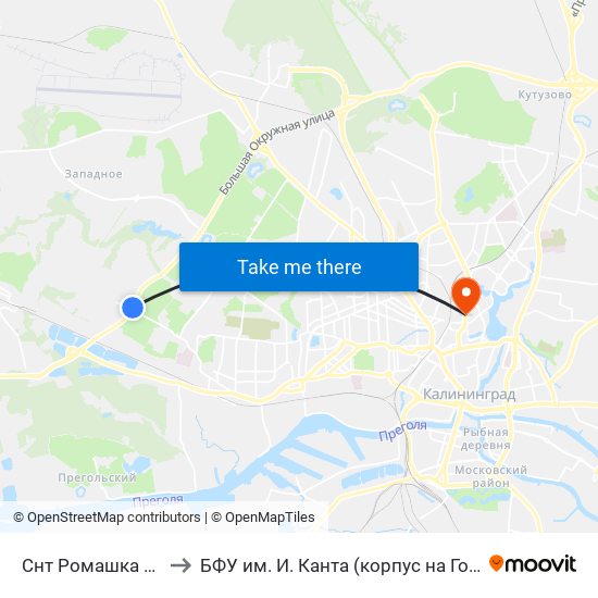 Снт Ромашка (Из Центра) to БФУ им. И. Канта (корпус на Горького, бывш. БИЭФ) map