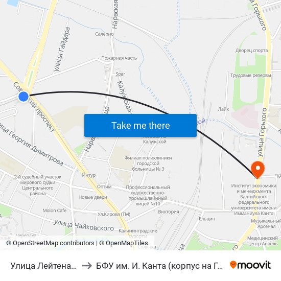 Улица Лейтенанта Яналова to БФУ им. И. Канта (корпус на Горького, бывш. БИЭФ) map