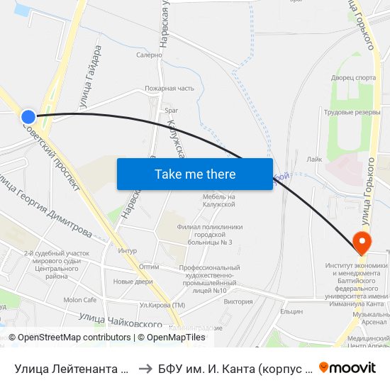 Улица Лейтенанта Яналова (Из Центра) to БФУ им. И. Канта (корпус на Горького, бывш. БИЭФ) map