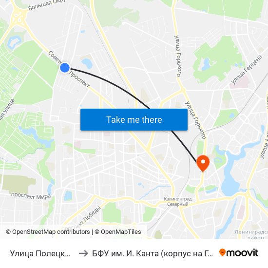 Улица Полецкого (В Центр) to БФУ им. И. Канта (корпус на Горького, бывш. БИЭФ) map