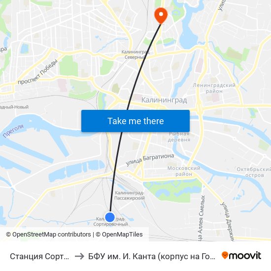 Станция Сортировочная to БФУ им. И. Канта (корпус на Горького, бывш. БИЭФ) map