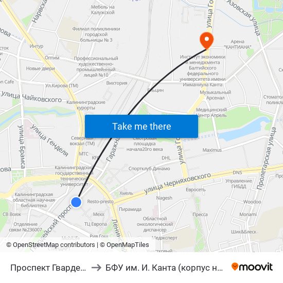 Проспект Гвардейский (В Центр) to БФУ им. И. Канта (корпус на Горького, бывш. БИЭФ) map